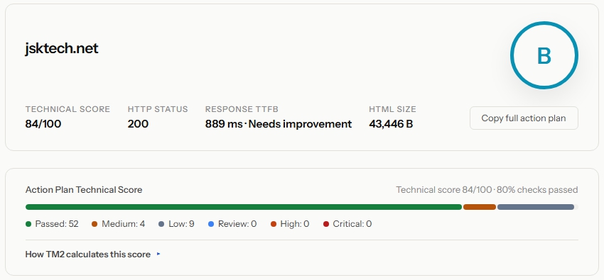 TM2 free website SEO checker showing a real scan result for jsktech.net with technical score, TTFB, and issue summary